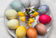 A plate of Easter eggs that have been dyed using natural ingredients - making them yellow, blue, and deep pink.