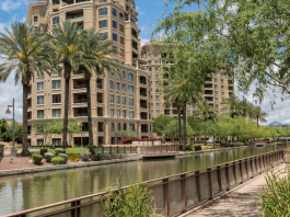 A daytime image of the waterfront in Scottsdale, Arizona, lined with Palm trees